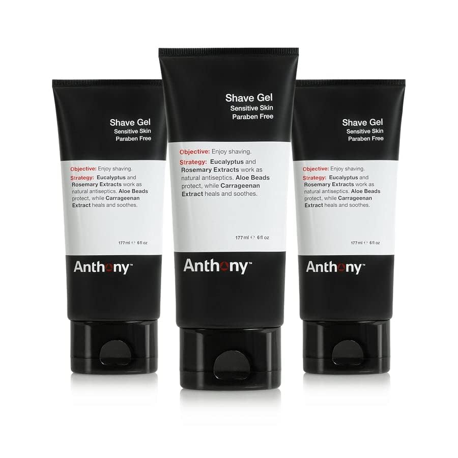 Anthony Shave Gel for Sensitive Skin – Non-Foaming, Soothing Shaving Cream for Men and Women. With Aloe Vera Beads, Eucalyptus, Rosemary and Carrageenan Extract - 6 Fl Oz (3 Pack)