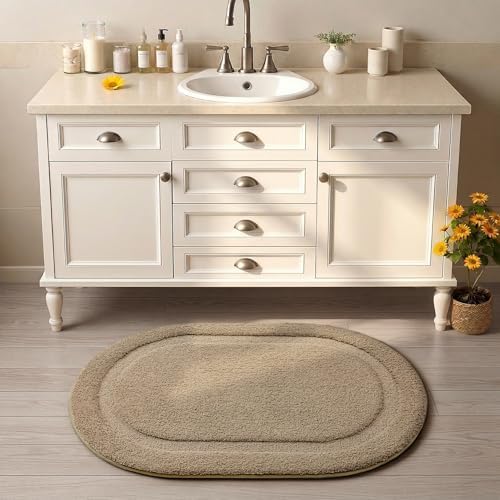 Color&Geometry Oval Beige Bathroom Rugs 42x24, Extra Soft Absorbent Microfiber - Image 2