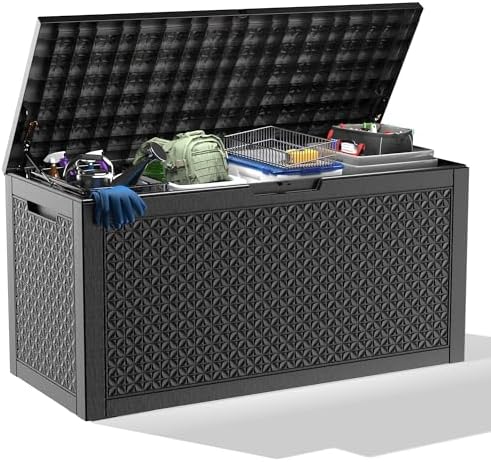 PatioZen 121 Gallon Resin Deck Box, Lockable Outdoor Storage Box by OutdoorLivingPerfected