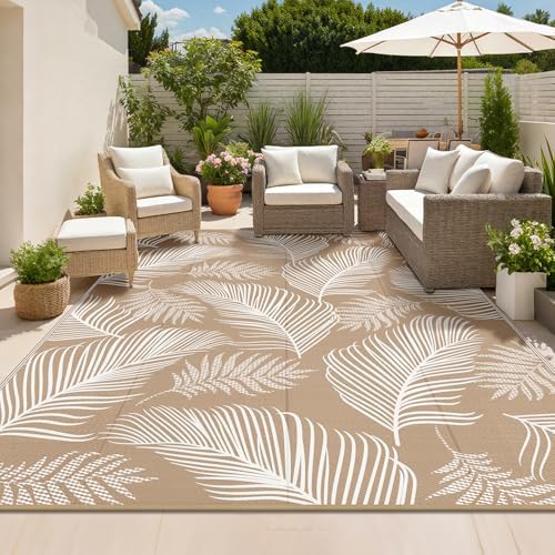 Pauwer Waterproof Outdoor Rug 10x14, Plastic Straw Patio Rug, Leaf Brown - Image 6