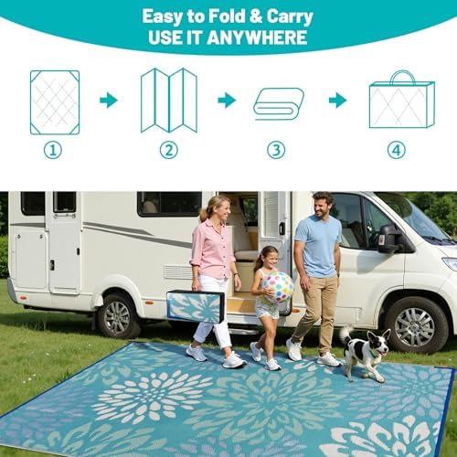 HEBE Waterproof Outdoor Rug 9'x12', Floral Reversible Plastic Patio Rug - Image 5