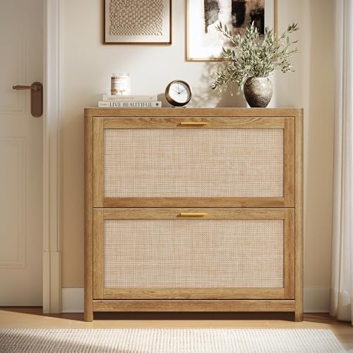 VASAGLE Boho Shoe Storage Cabinet, Rattan-Look Flip Drawers by VASAGLEbySONGMICSHOME