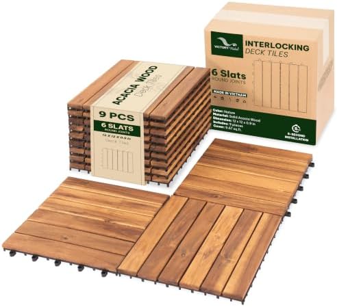 Acacia Interlocking Deck Tiles, 6 Slats, Honey Oak by VICTORYRELAX