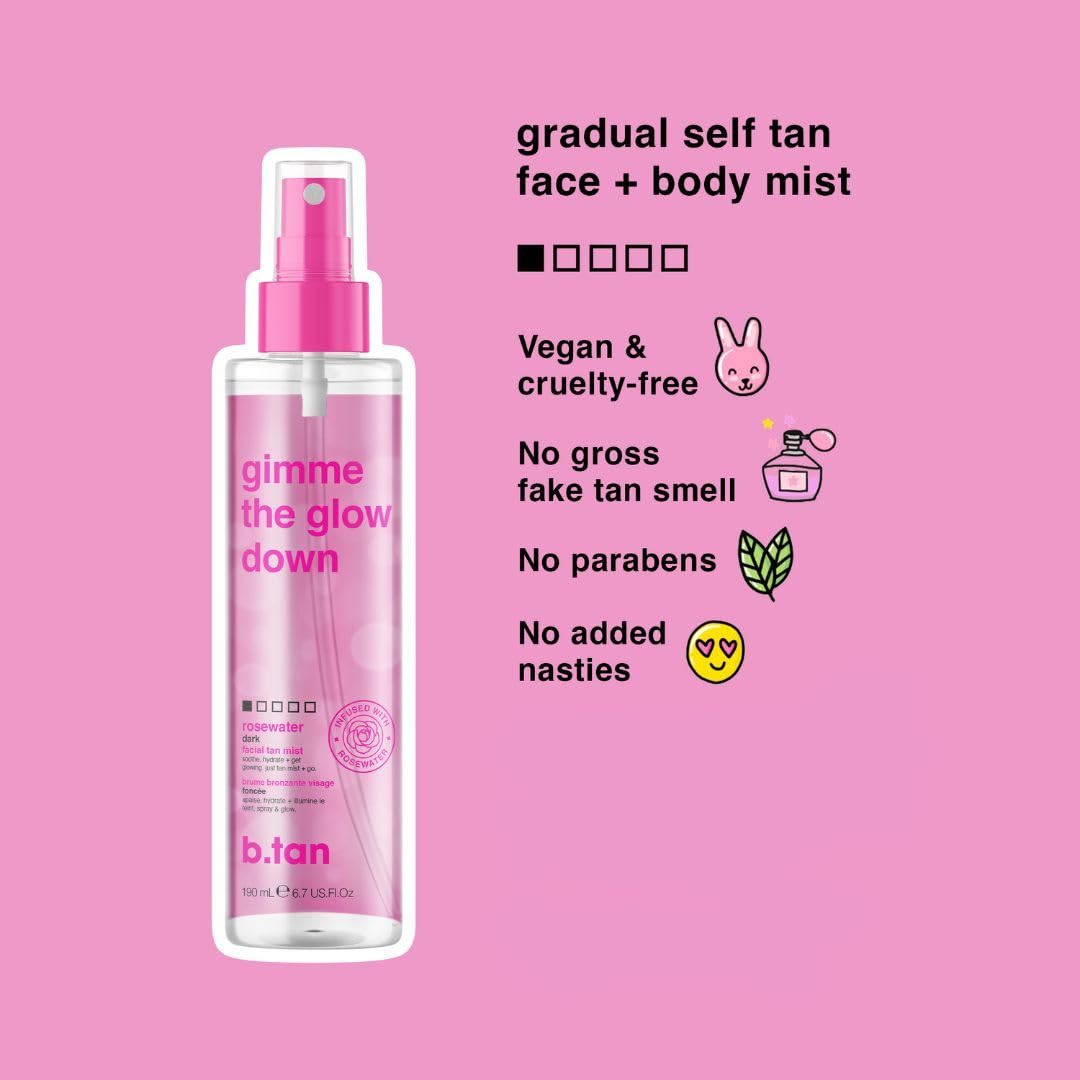 b.tan Clear Face Tan Mist Bundle | Gimme The Glow Down - Facial Tanner Spray, Gradual Bronzing Sunless Tanning Water, Infused with Rosewater, No Fake Tan Smell, 6.7 Fl Oz, Pack of 2