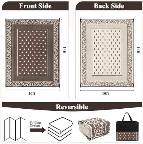 Pauwer Waterproof Outdoor Rug 10x14, Plastic Patio Rug, Bordered Brown - Image 2