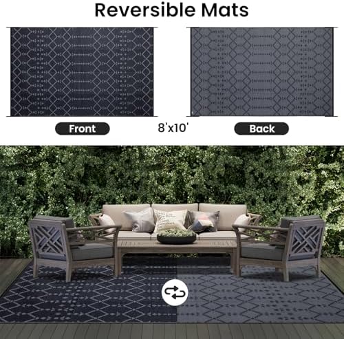 Smiry Outdoor Rug 8x10 ft Waterproof Reversible Boho Mat, Dark Grey - Image 3