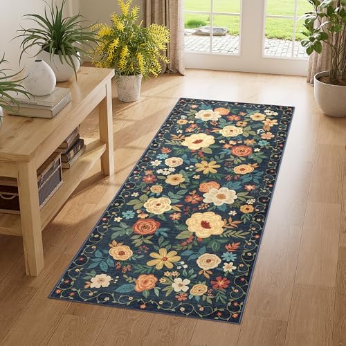 DUKINO 2x5 Runner Rug, Floral Washable Rug by DUKINO