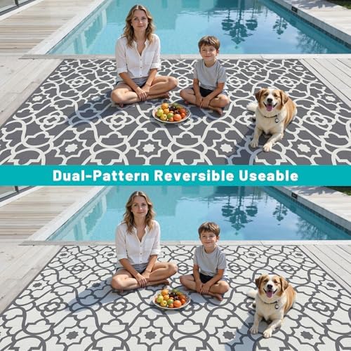 HEBE Waterproof Outdoor Rug 9'x12', Geometric Reversible Plastic Patio Rug - Image 3