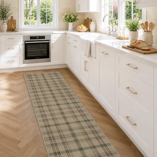 JTJ Easy Jute Kitchen Runner Rug 2'6" x 10', Sage Green & Beige Plaid by JTJ