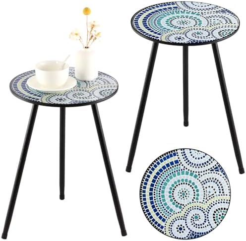 Party Zealot 2 Packs Metal Mosaic Round Side Tables 13.4" Small Outdoor Patio by PartyZealot