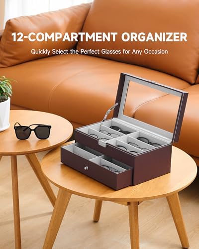 CO-Z Sunglasses Organizer with 12 Slots, Leather Eyeglasses Storage Box - Image 2