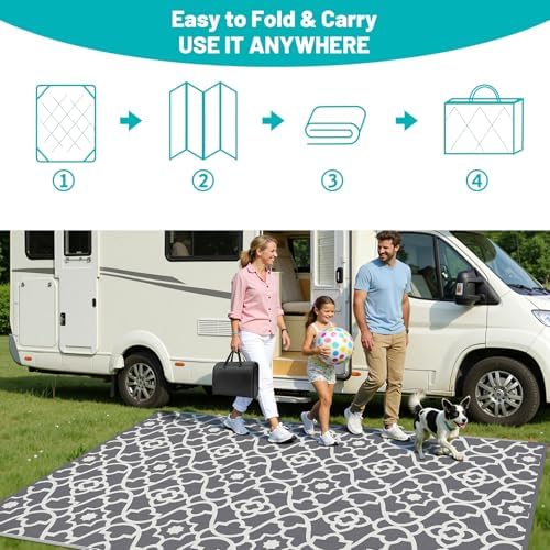 HEBE Waterproof Outdoor Rug 9'x12', Geometric Reversible Plastic Patio Rug - Image 5