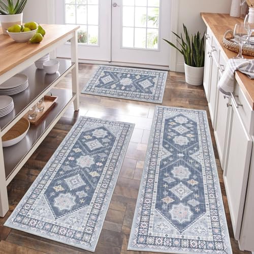 HEBE Boho Kitchen Rugs Set of 3, Non Slip Washable Kitchen Mats by HEBE