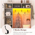 Hall Tree with Bench and Shoe Storage, LED Entryway Bench with Coat Rack - Image 5