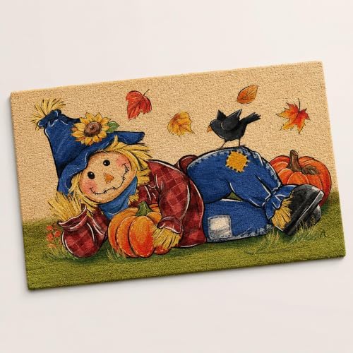 Fall Scarecrow Decorative Front Door Mat, Autumn Pumpkin Crow by Tailus