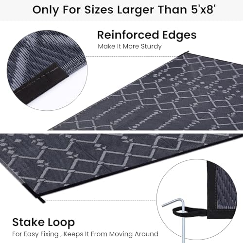 Smiry Outdoor Rug 8x10 ft Waterproof Reversible Boho Mat, Dark Grey - Image 4