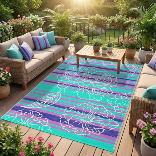 Garvee 6x9 Outdoor Waterproof Rug Reversible Straw Patio Rug Purple&Blue by Garvee