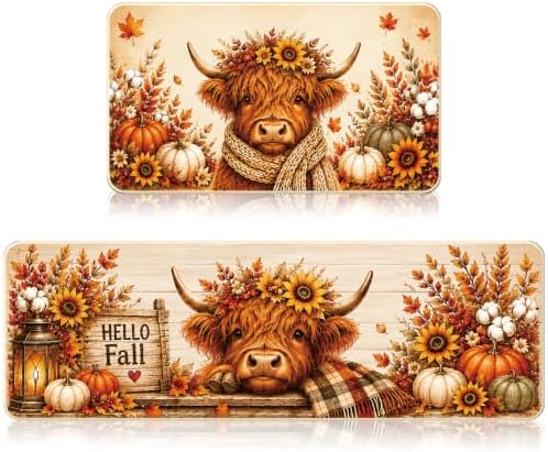 Fall Kitchen Mat Set of 2, Autumn Pumpkin Highland Cow Kitchen Rug by VISSTREE