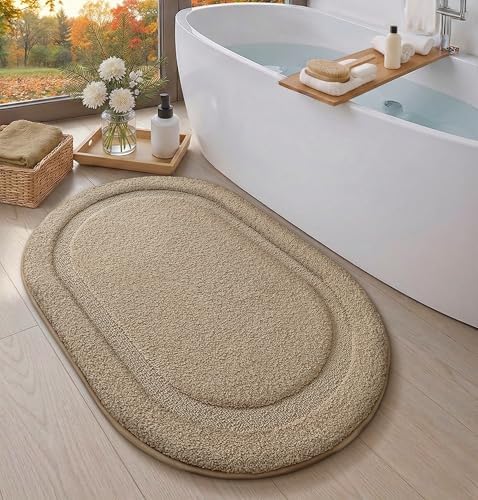 Color&Geometry Oval Beige Bathroom Rugs 42x24, Extra Soft Absorbent Microfiber - Image 3