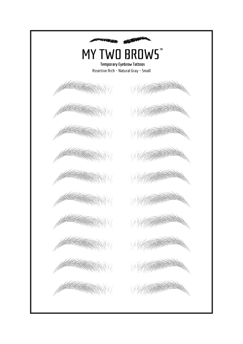 (10 pairs) Natural Gray Temporary Eyebrow Tattoo - Small Size - Waterproof & Smudgeproof - Assertive Arch Style Eyebrow Stickers - Sheet Lasts up to 30 Days - Won't Work on Existing Brows