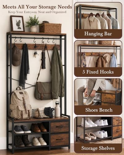 Faesun Hall Tree with Bench and Shoe Storage, Rustic Brown - Image 5