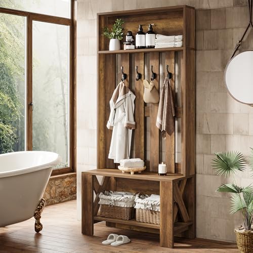 Tribesigns Hall Tree with Bench & Entryway Coat Rack with Shoe Storage - Image 5