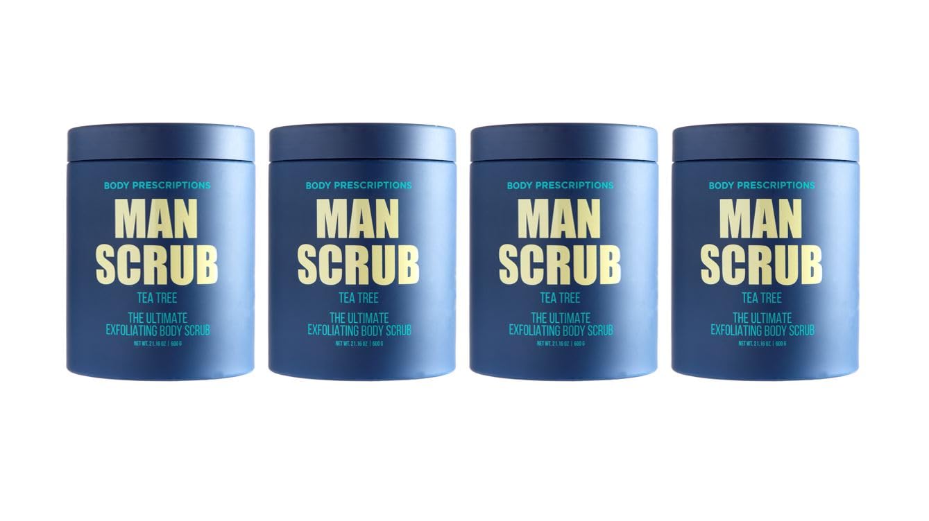 Body Prescriptions Men’s Exfoliating Body Scrub – Ultimate Skin Cleansing Wash in Jar with Twist-Top Lid, For All Skin Types, 21 Ounce (Pack of 4), Tea Tree