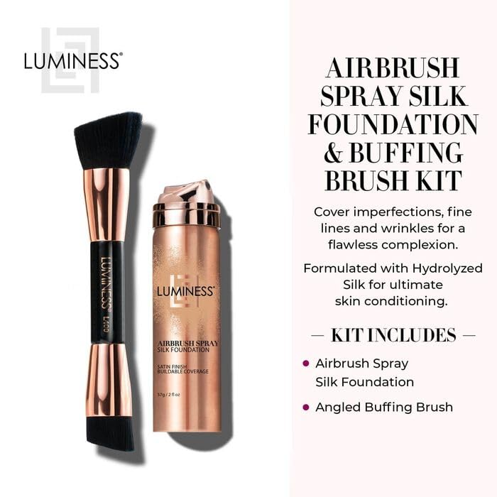 LUMINESS Silk Airbrush Spray Foundation & Buffing Brush Kit – Full Coverage Foundation & Dual-Sided Buffing Brush - Buildable Coverage, Anti-Aging Formula Hydrates & Moisturizes (Shade - Deep)