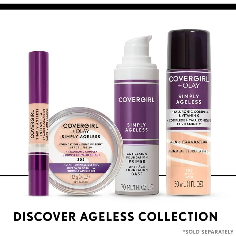 COVERGIRL & Olay Simply Ageless 3-in-1 Liquid Foundation, Matte Finish, Hyaluronic & Vitamin C Formula, 240 Natural Beige, 2 Count