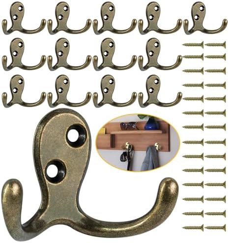 Homanu 14 Pack Antique Brass Double Prong Coat Hooks by Homanu