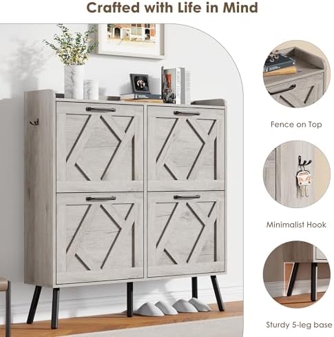 Nicetree Shoe Cabinet with 4 Flip Drawers, Freestanding Shoe Organizer Cabinet - Image 6