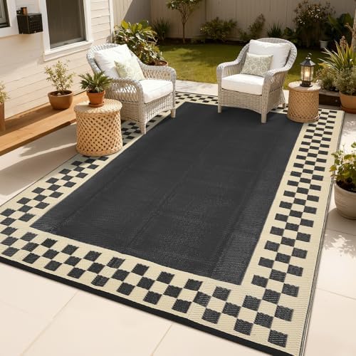 Outdoor Rug 8x10 Waterproof Patio Rugs Modern Checkered Reversible Mat by GaoMon