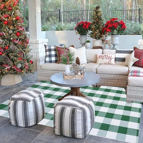 Green & White Christmas Plaid Rug, Hello/Welcome Door Mat Layering Rug - Image 3