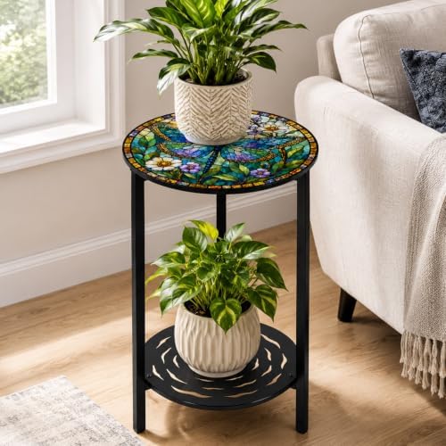 2-Tier Metal Round Side Table Accent Coffee Tables Small Space Corner Plant - Image 7