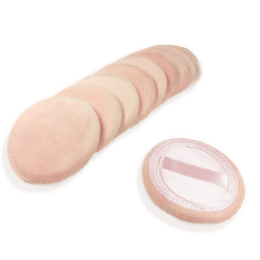 10pcs Powder Puff Cotton Cosmetic Face Makeup Powder Puffs Pads with Ribbon for Loose and Foundation 2.36 inch. (Beige)