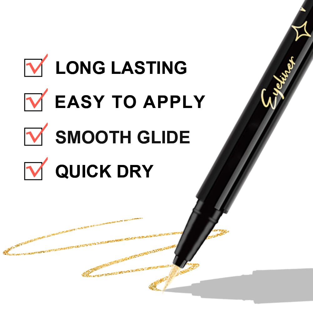 2PCS Metallic Glitter Colored Liquid Eyeliner Pens Set04 – Waterproof Mark Silver White or Gold Long-Lasting Sparkly Eye Makeup – Tattoo-Effect Ink Liners for Women & Men,Delineador Líquido con Brillo