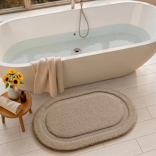 Color&Geometry Oval Beige Bathroom Rugs 36x24, Extra Soft Absorbent Microfiber - Image 2
