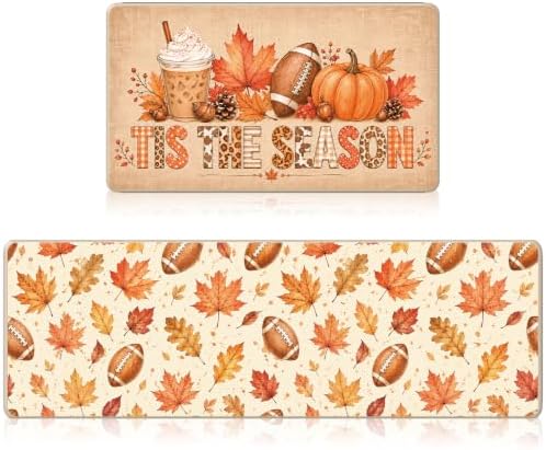 Fall Kitchen Mats Set of 2, Autumn Football Non Slip Kitchen Rug by VISSTREE