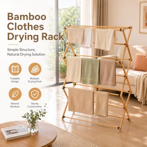 Bamboo Clothes Drying Rack, 3-Tier Tall Laundry Drying Rack - Image 7