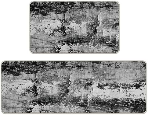 Farmhouse Black White Abstract Kitchen Rugs Set of 2 by Livcoz