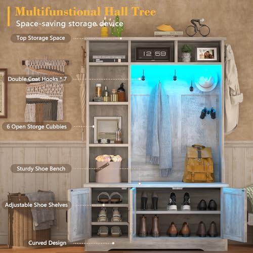 Hall Tree with Bench and Shoe Storage, LED Entryway Bench with Coat Rack - Image 2