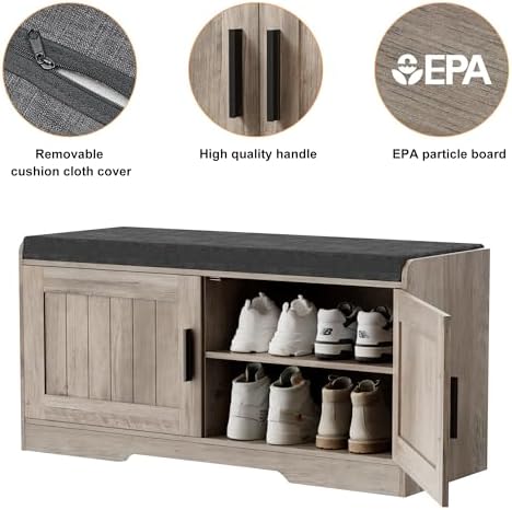 Homleke Shoe Storage Bench, 2 Doors & Thickened Padded Seat Cushion - Image 7