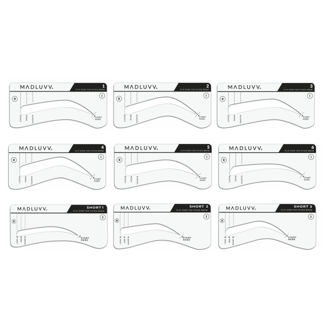 MADLUVV Brow Stamp Kit with Brow Stencils – Easy Eyebrow Shaper for Natural-Looking Brows – Popular Eyebrow Stencil Kit Used by Professionals – 9 Shapes, Spoolie, Travel Bag & Stamp (Soft Brown)