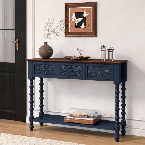 Blue Console Table with 3 Vintage Carved Drawers - Image 3