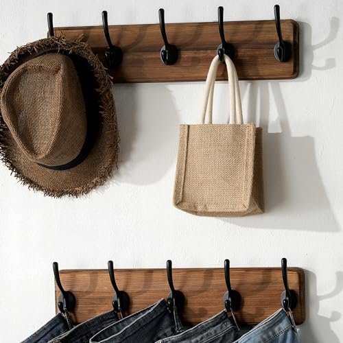 SKOLOO Rustic Coat Rack Wall Mount, 5 Hooks, 17 Inch, Solid Wood - Image 2