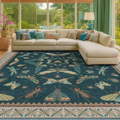 Insect Print Washable 8x10 Living Room Rug by HazoHaus