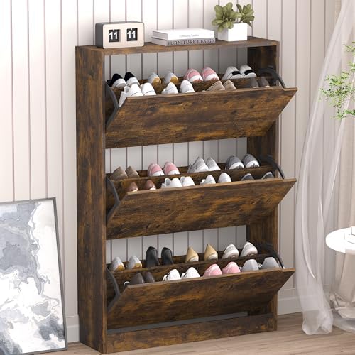 BORNOON Shoe Cabinet with 3 Flip Drawers, Hidden Wood Shoe Cabinet, by BORNOON