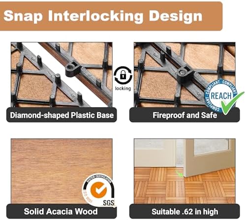 PrimeZone 108 PCS Solid Acacia Wood Interlocking Deck Tiles, Natural Wood - Image 4