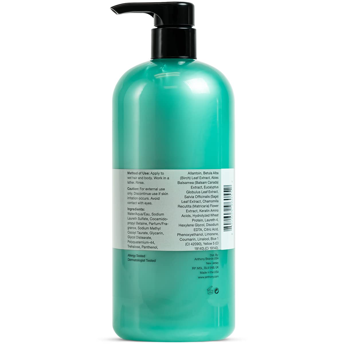 Anthony Mens Body Wash and Shampoo: Invigorating Rush 2-In-1 Liquid Gel Soap & Hair Shampoo, Pine Wood Scent, Hydrating with Eucalyptus, Canadian Balsam, Birch Leaf, Charcoal, Sea Kelp, 32 Fl. Oz