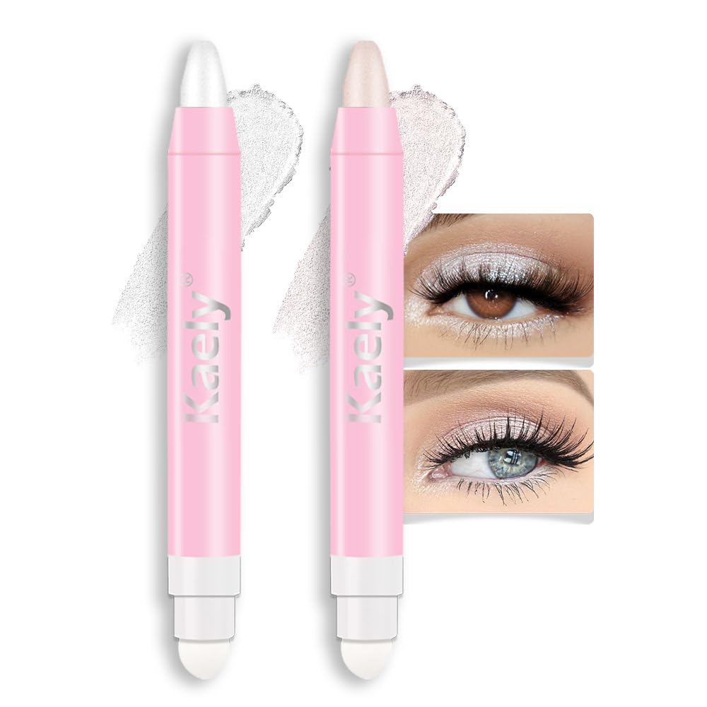 evpct 2Pcs Cream Eye Shadow Brightener Sticks Set for Eyes Waterproof, Pearl White & Pearl Shimmer Cream Eyeshadow Applicator Stick Long Lasting Pigmented Eye Makeup sombras en crema para ojos 1+18